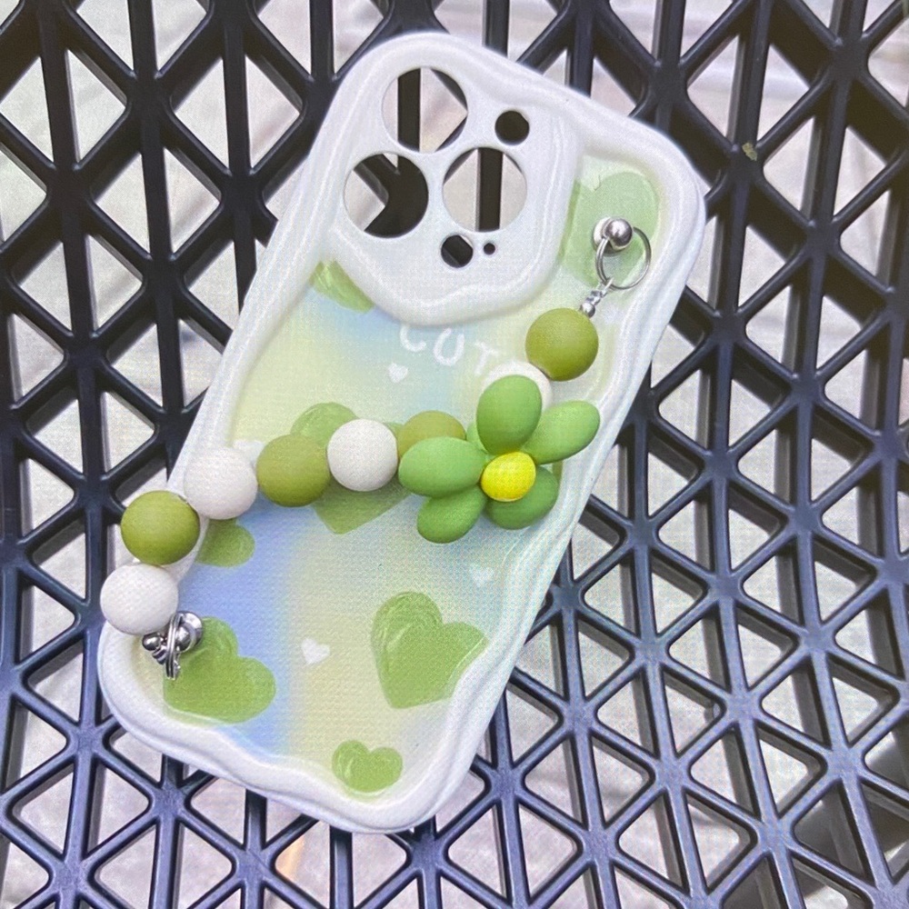 Green and White Heart Pattern Phone Case with Beaded Strap